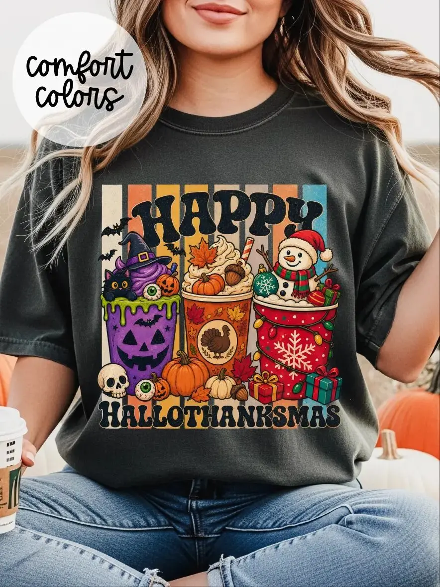 Comfort Colors Happy Hallothankmas Unisex Short Sleeve T-shirt, Adrian Originals, Garment-Dyed Vintage Look, Soft Premium Cotton, Made In The USA	