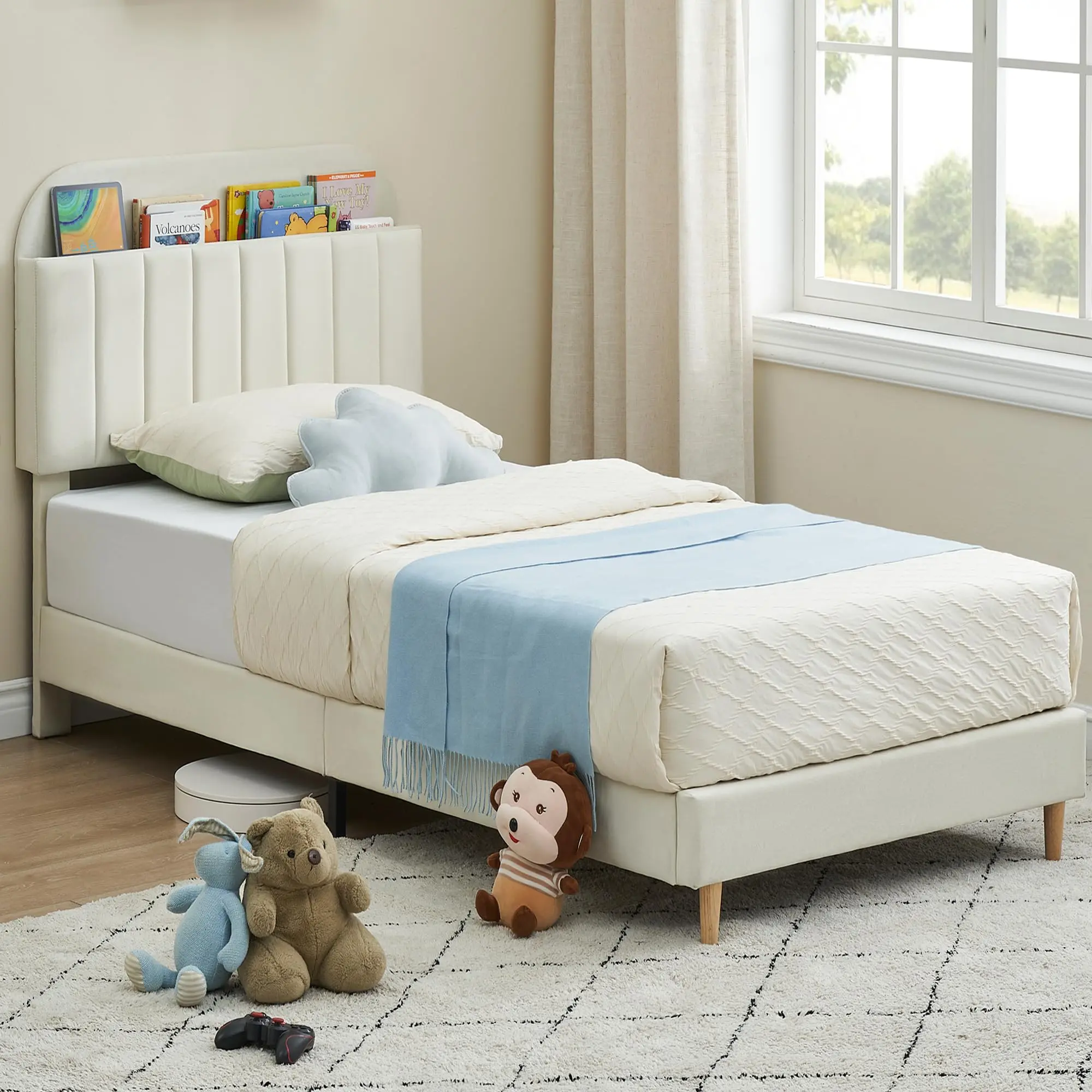 Bed Frame with Storage Headboard, Velvet Upholstered Platform Bedframe for Kids, Boy Bed, Strong Wooden Slats, Noise-Free, Easy Assembly, No Box Spring Needed (Mattress not included)