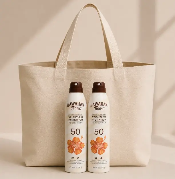 emegestyle Hawaiian Tropic Sunscreen Set | 3-Piece Kit with 2 Weightless Hydration SPF 50 Sprays (6 oz) & Tote Bag | Daily Sunblock Moisturizer for Sun Protection, Lightweight, Body Care