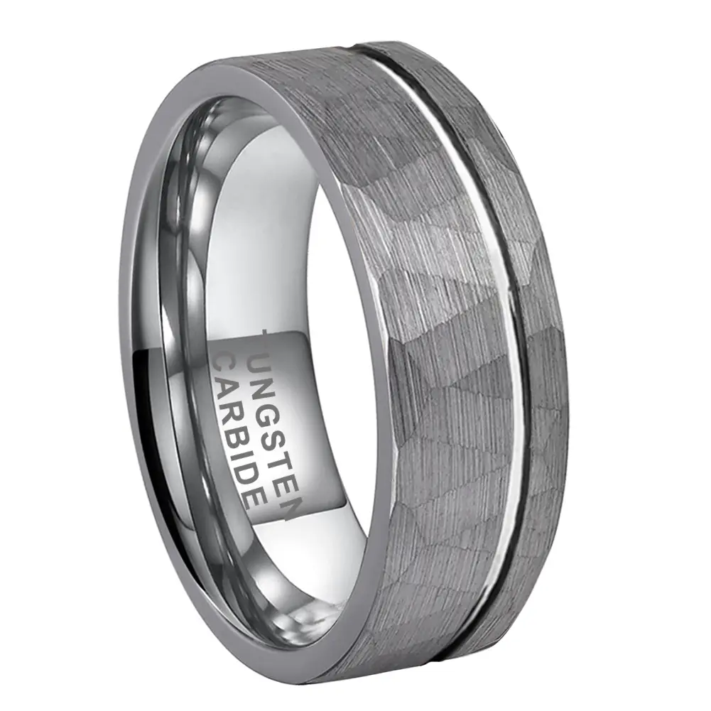 Yonifu 8mm Tungsten Male Ring - Minimalist Plain Brushed Faceted Edge Gunmetal Band with Polished Center Line, Scratch-Proof Durable Fashion Jewelry for Business Wear, Ideal Gift for Boyfriends