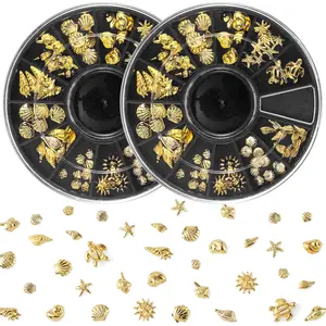 Ocean Nail Charms Nail Art Stickers 2 Disc, Beach Starfish Sea Seashell Nail Charms Decals, Gold Metal 3D Nail Gems Decals for Manicure DIY Nail Embellishments 12 Style