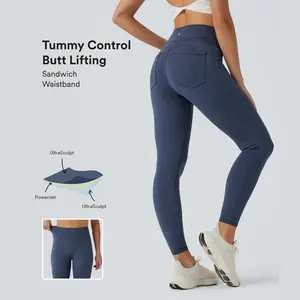 Halara UltraSculpt Denim Print High Waisted Tummy Control Butt Lifting Yoga Leggings with Pockets