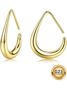 G23 Titanium Gold Hoop Earrings Hypoallergenic 18K Gold Plated Teardrop Earrings for Women Trendy Large Oval Pull Through Lightweight Silver Hoop Earring Statement Jewelry for Women