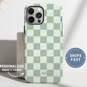 Personalized Sage Green Phone Case Custom Monogram phone Case Checkered Green Phonecase Checkerboard Phone Case with Initials Checker Case