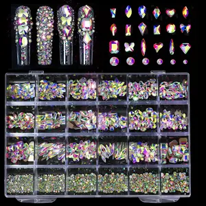 24 Grid Nail Art Box with Multi-Style Rhinestone Tray, Suitable for Salon Use, 24 Compartments for Rhinestone Storage, DIY Nail Design