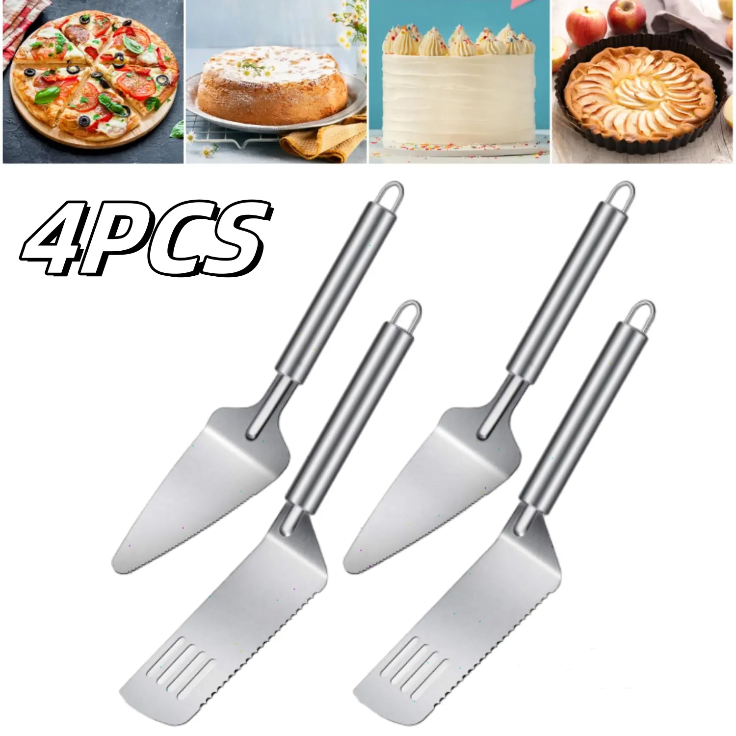 4PCS Rustproof Stainless Steel Serrated-Edge Rectangle-Shaped Pie Spatula Server Set - 10.2in Durable Kitchen Bakeware Utensils, 2-Style Cake Cutting Tools with Comfortable Easy-Grip Handle