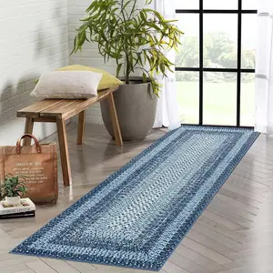 Modern Blue 2x8 Runner Rug - Braided Print, Ultra-Thin, Non-Slip, Washable, Non-Shedding, Farmhouse Kitchen Mat, Bedroom, Laundry, Hallway Runner, Grey and Blue