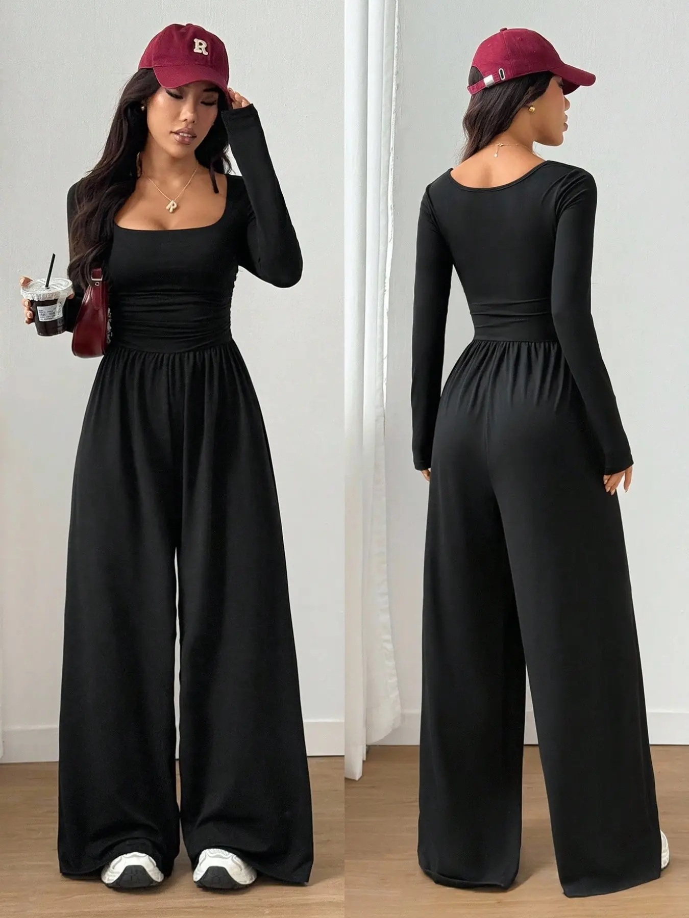 Charming Square Neck Basic Palazzo Jumpsuits, Overall Y2K Casual Streetwear, Loose Overalls, Loose Fit Long Sleeve, Wrinkled Waist Wide Leg, Fashionable Office Date Wear, Womenswear