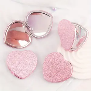 Glitter Heart-Shaped Portable Makeup Mirror, Polished Metal Frame, Wall-Mountable, Magnifying Surface, No Scent, No Power Needed
