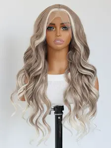 Long Brown 13x4 Lace Front Wig, Highlighted Skunk Stripe Brown Mixed White Lace Front Wig, Curly Wavy Wig, Natural Style High-Quality Synthetic Heat-Resistant Fibers Wig For Daily Party, Cosplay, Halloween Use