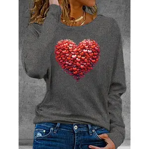 2026 New Valentine's Day Heart Print Women's Long Sleeve Crew Neck Casual Top, Machine Washable, All-season Wear, Loose Fit, Silky Fabric, for Home Leisure Daily Use