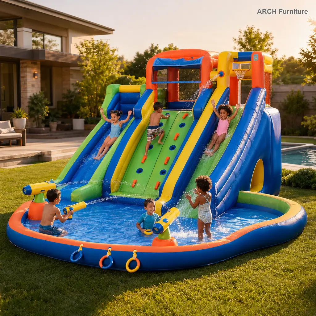 ARCH 9-in-1 Inflatable Slide Park - Dual Slides, Climbing Wall, Basketball Hoop, Ring Toss, Water Guns, Splash Pool for Kids’ Outdoor Backyard Summer Fun, Home Decor Use, Water Slides