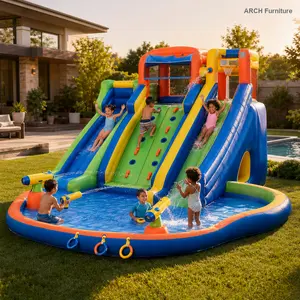 9-in-1 Inflatable Water Park with Jump Area, Dual Slides, Climbing Wall, Anchor Ring Toss, Basketball Hoop, Dual Water Guns, Shallow & Bathing Pools, 200x196x100 Multicolor Oxford Fabric Design for Kids, Lawn Setup & Soft Ground Use