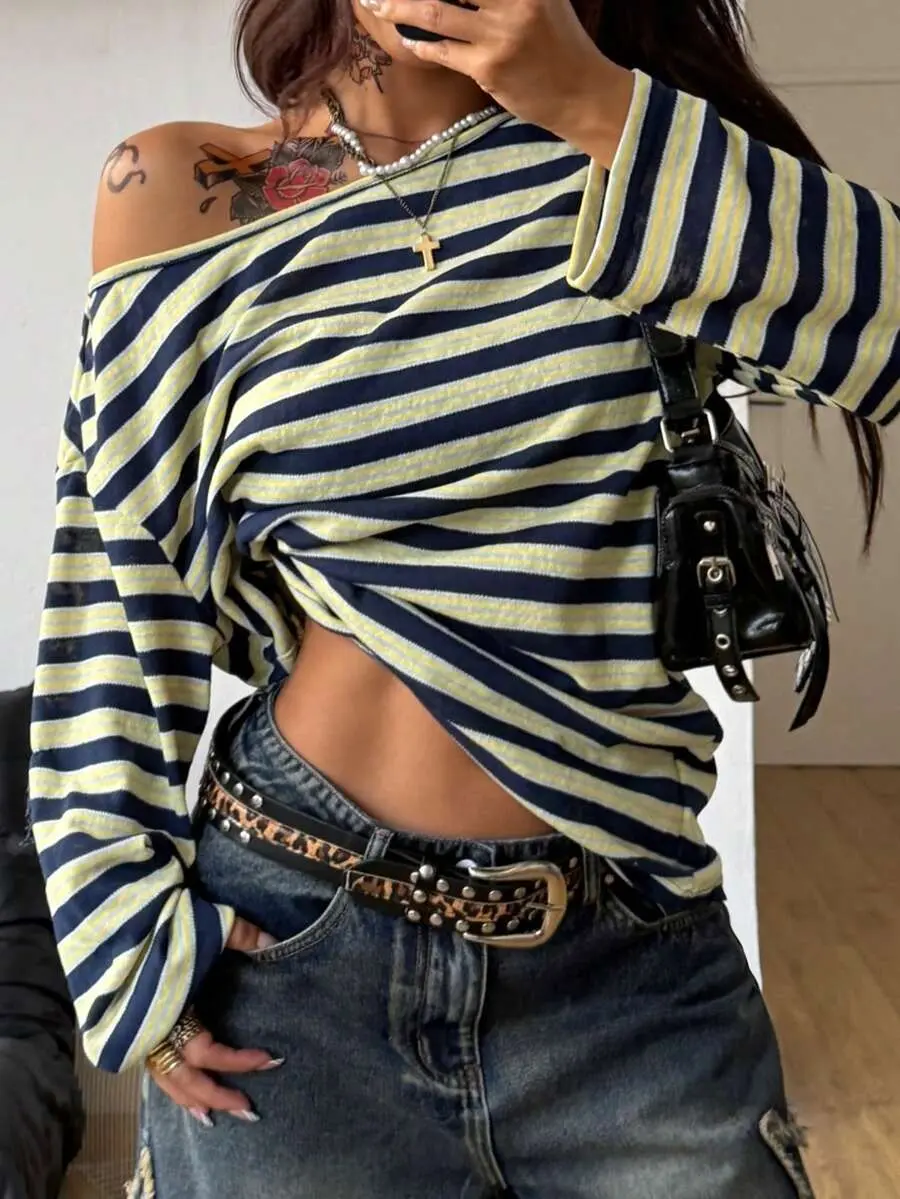 INAWLY Women's & Men's Navy Blue,Autumn,Casual,Streetwear,Occasion Oversized Off The Shoulder Asymmetrical Neck Yellow Striped Long Sleeve T-Shirt Y2K Goth