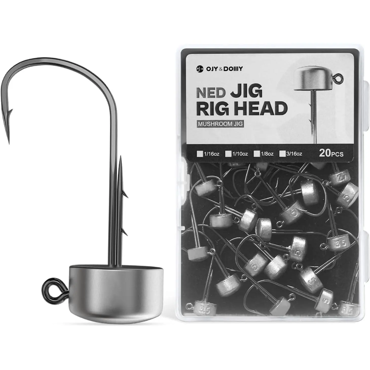 Ned Rig Jig Heads Finesse Mushroom Jig Hooks Kit, 20-Pack Bass Fishing Setup with 1/16, 3/32, 1/8, 3/16oz Weights for Freshwater Rod and Reel Combos, Artificial Fishing Lure, Carbon Steel, Multi-Size, Dual Barbs, Flat Shank, Fishing Accessories