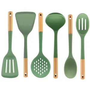 BEILLE Beech Wood & Silicone Kitchen Utensils Set - Olive Green Cooking Tools for Meal Prep, Baking & Everyday Use - Odor Resistant, Freezer Safe, Dishwasher Safe - 13 Inch Length