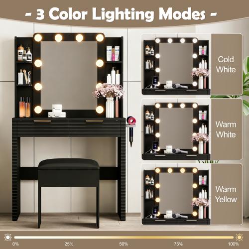 Bellemave Vanity Desk with Mirror & Light, Large Drawer Three Level Storage Dresser, 3 Lighting Modes Adjustable Brightness, Bedroom Dressing Table