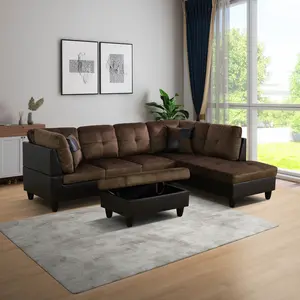Cozy Brown 3-Piece Sectional Sofa, Soft Chenille & Leatherette Upholstered Couch, Comfy Living Room Furniture Set for Family & Small Space