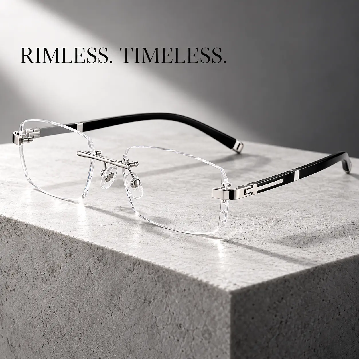 Unisex Modern Continental Rectangular TR Rimless Eyeglass Frames - Adjustable Carabiner Shoulder Strap, Lightweight, Durable, Versatile, Ideal for Everyday Wear, Parties