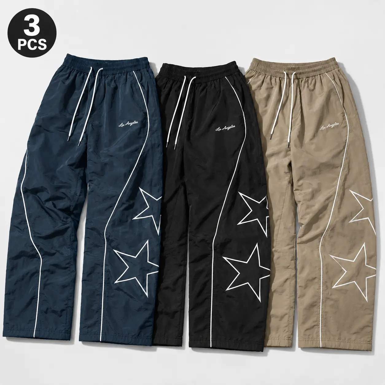 Pantalones para Hombre 3 Pack, Y2K Star Graphic Baggy Track Pants with Contrast Piping, Lightweight Crinkle Fabric, Drawstring Waist and Adjustable Hem, Trendy Hip Hop Trousers for Street Dance, Skate, Rap, Festivals, Parties and Urban Fashion