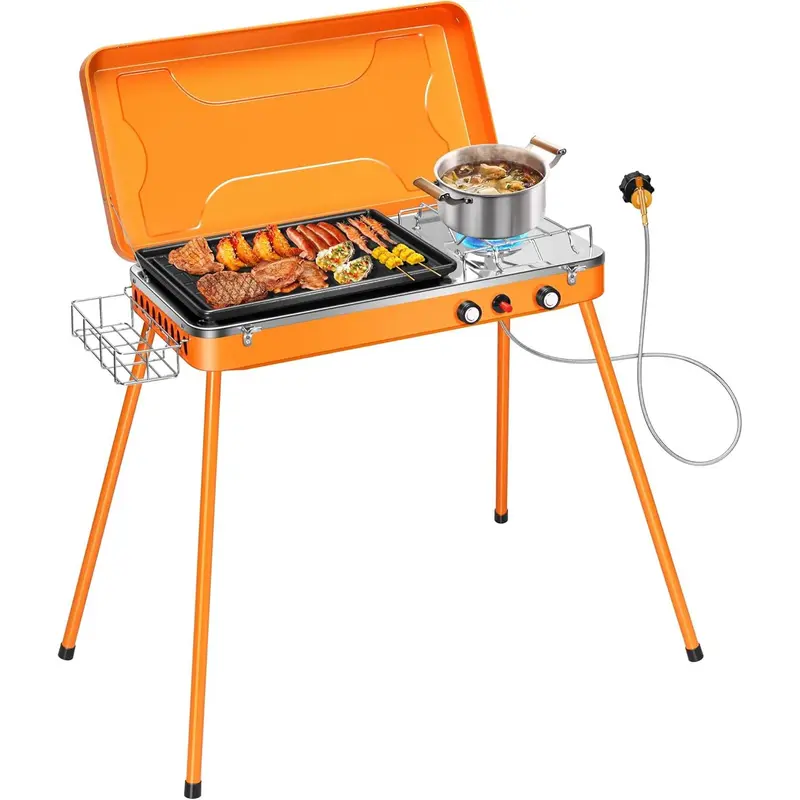 2-in-1 Gas Camping Stove with Detachable Legs, Portable Propane Grill, 20000 BTU Tabletop Grill Cooker for Party, Camping, Picnics, Backyards