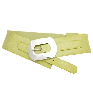 TFJ Women Fashion Elastic Faux Leather Wide Belt Silver Metal Buckle M L Bright Apple Green