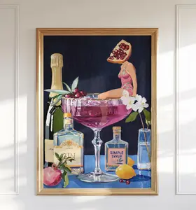 Pomegranate Cocktail Poster, Retro Bar Wall Art, Vintage French 75 Martini Print, Home & Kitchen Decor, Digital Download
