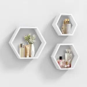 AHDECOR Hexagon Floating Shelves, Set of 3 White Hexagon Wall Shelves| Modern Honeycomb Floating Shelves for Living Room, Bedroom, Office| Hexagonal Wall Organizer Hanging Shelf