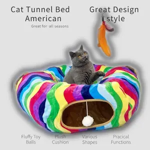 Huge size Cat Tunnel Bed Cat toys Rainbow pattern with Fluffy Toy Balls and Plush Cushion. High quality Great for all seasons. Practical Functions Snuggles