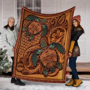Vintage Polynesian-Inspired Throw Blanket With Turtle & Floral Pattern Cozy All-Season Flannel For Sofa Bed Office Camping Travel Machine Washable Quilted Polyester Multiple Camping Accessory Decorative Throw Soft