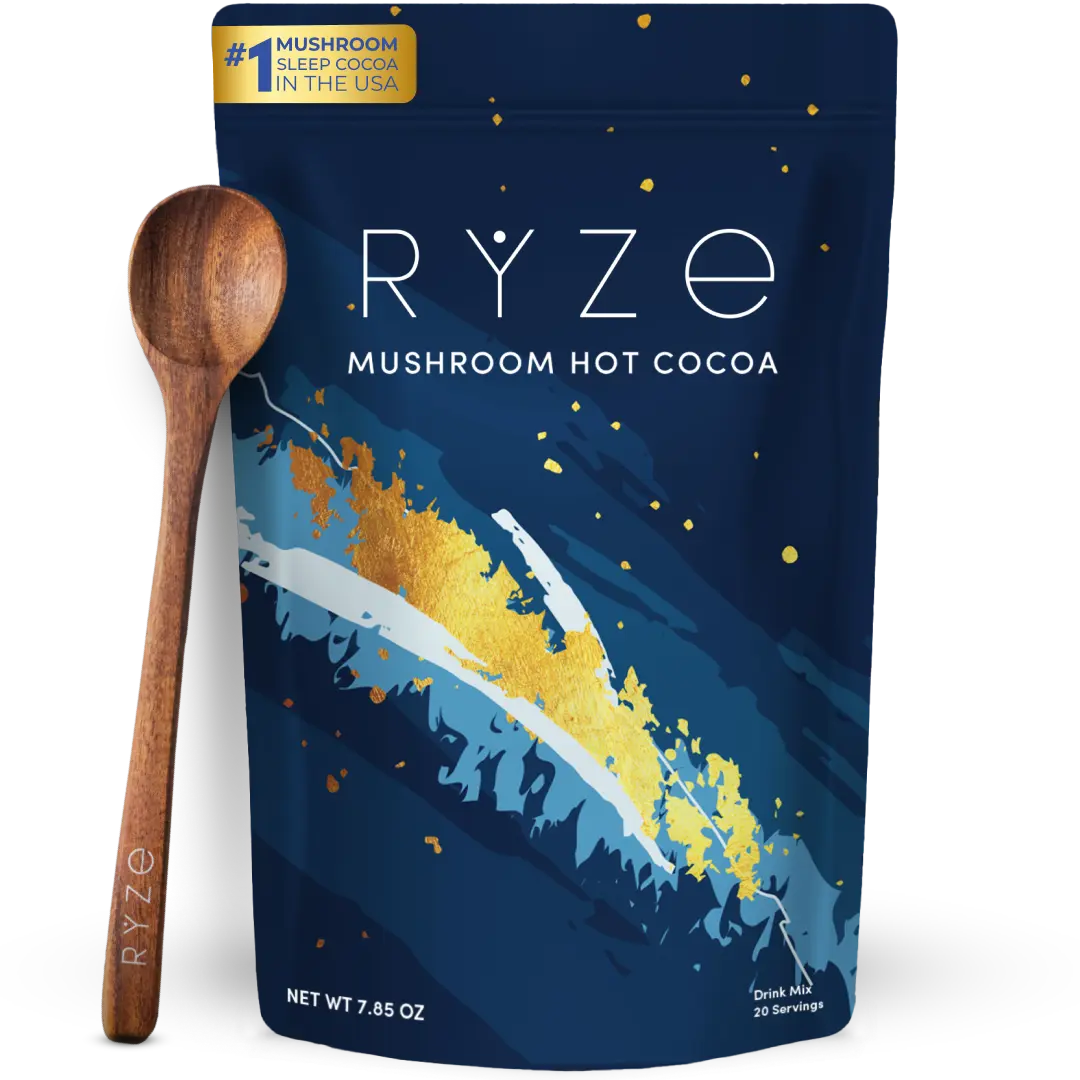 RYZE Mushroom Hot Cocoa Melatonin Sleep Supplement, Keto Cocoa Powder With Reishi Mushroom, Melatonin, Glycine, Cacao, L-Theanine, Chicory to Help Fall Asleep and Stay Asleep, 20 servings