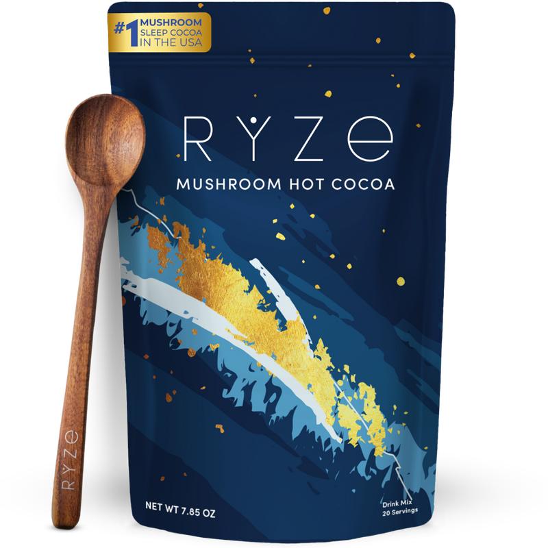 RYZE Mushroom Hot Cocoa Melatonin Sleep Supplement, Keto Cocoa Powder With Reishi Mushroom, Melatonin, Glycine, Cacao, L-Theanine, Chicory to Help Fall Asleep and Stay Asleep, 20 servings