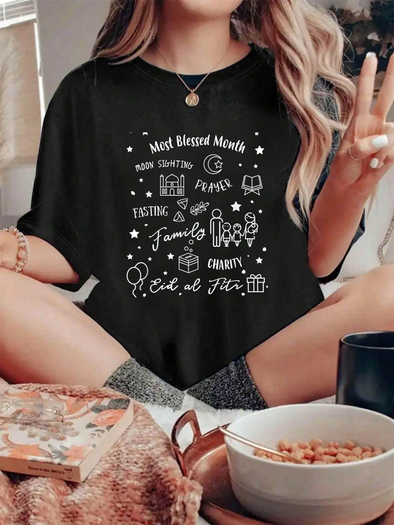 Women's 100% Pure Cotton Short-Sleeve Loose Style Lady T-Shirt, Ramadan Blessed Month Islamic Eid al-Fitr Printed Top, Shortsleeve, Tshirt