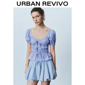 URBAN REVIVO Women's Plaid Print Blouse - 2025 Casual Chic Fashion Short-Sleeve Top with Shirred Bow Detail, Versatile Everyday OOTD Wear for Girls (UYU250067)