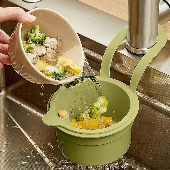 Kitchen Sink Strainer Basket, Self Cleaning Sink Food Waste Catcher, Faucet Hanging, Press Automatic Dumping Kitchen Draining Basket, Waste Rack Trash Catcher for Leftovers (Green)