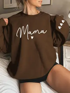 Women's Mama Letter & Heart Print Round Neck Pullover Sweater, Graphic Sweatshirts, Fall Winter Fashion Casual Long Sleeve Top, Sporty Style