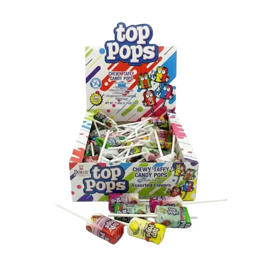 Top Pops Chewy Taffy Candy Lollipops, 48-Count 11.85oz Assorted Flavors (Including Lemon, Strawberry) - Bite-Size Giant, Sweet, Gluten-Free, Gelatin-Free Ready-to-Eat Candies Snacks