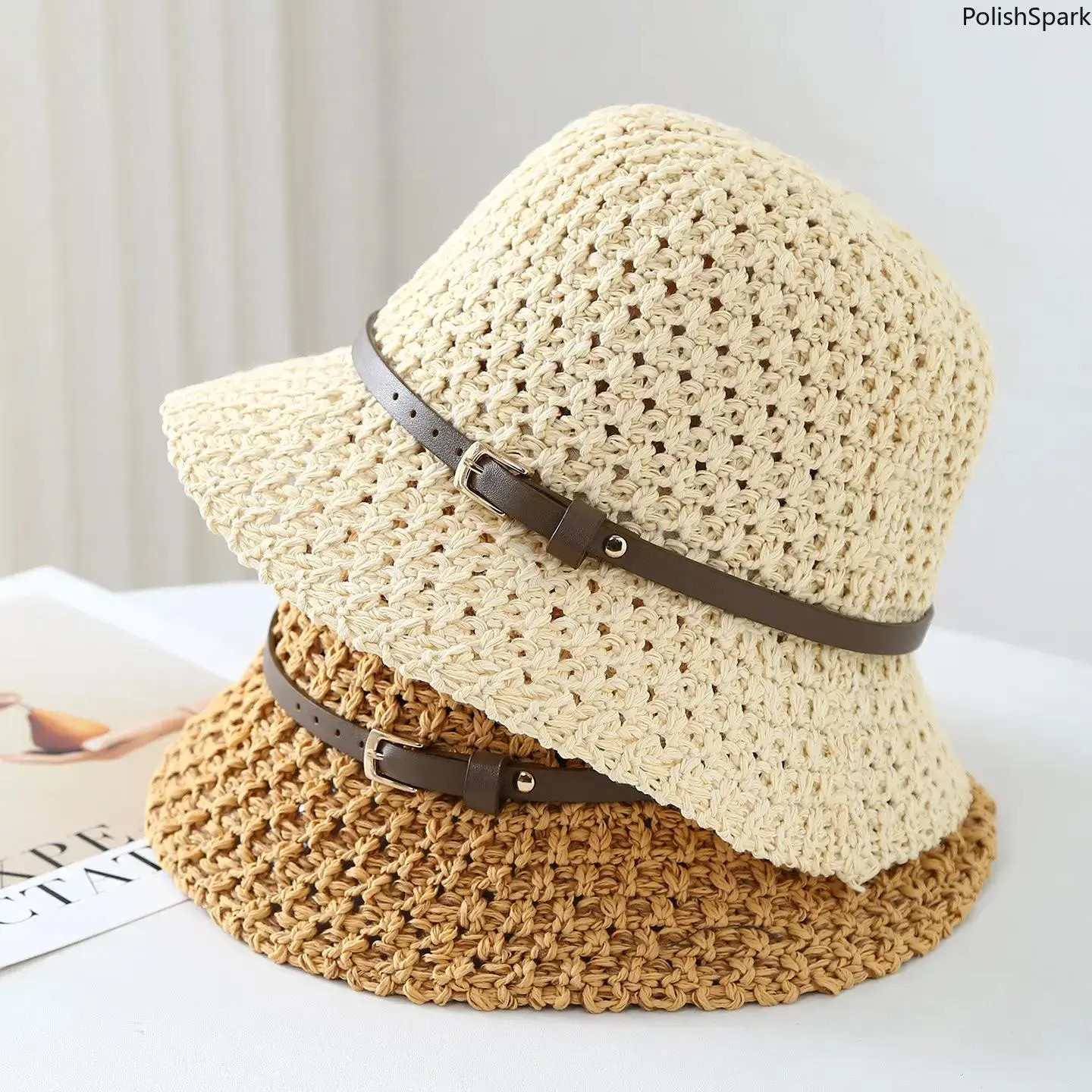 Handcrafted grass hat. Women’s hollow crocheted bucket-shaped sun hat with faux leather trim. Wide brim design provides UV protection. Fisherman’s hat style, lightweight and breathable, suitable for summer beach use and everyday wear.,summerwins