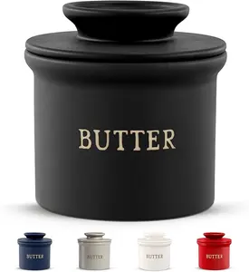 Butter Crock with Lid, Soft Spreadable Butter, Ceramic French Butter Keeper to Leave On Counter with Water Line, Butter Dish, Home and Kitchen Decor, Perfect for Christmas Gift (Black)