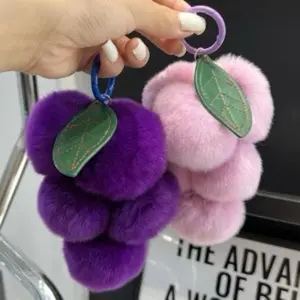 Fluffy Grape Keychain Bag Charm Faux Fur Pom Pom Keyring Cute Purse Charm with Leaf Accent