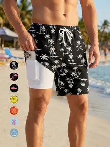 Men's All Over Print 2 in 1 Beach Shorts with Phone Pocket, Summer Casual Fancy Board Shorts with Side Pockets, Quick Dry Swim Shorts Swimming Shorts Swim Trunks Drawstring Elastic Waistband Swimwear Beachwear Swimsuit Bathing Suit