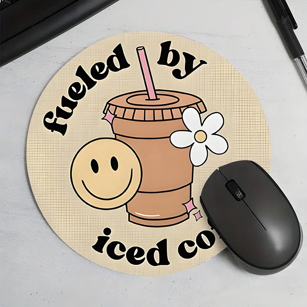 Vintage Iced Coffee Fueled Workplace Style Round Gaming Mouse Pad, Desktop Decoration Protection Pad, Non-Slip Rubber Lock Edge Small Size Pad, Non Slip Mousepad, For Laptops & Desktops, Ideal Gift For Family & Friends, Computer Mouse Pad