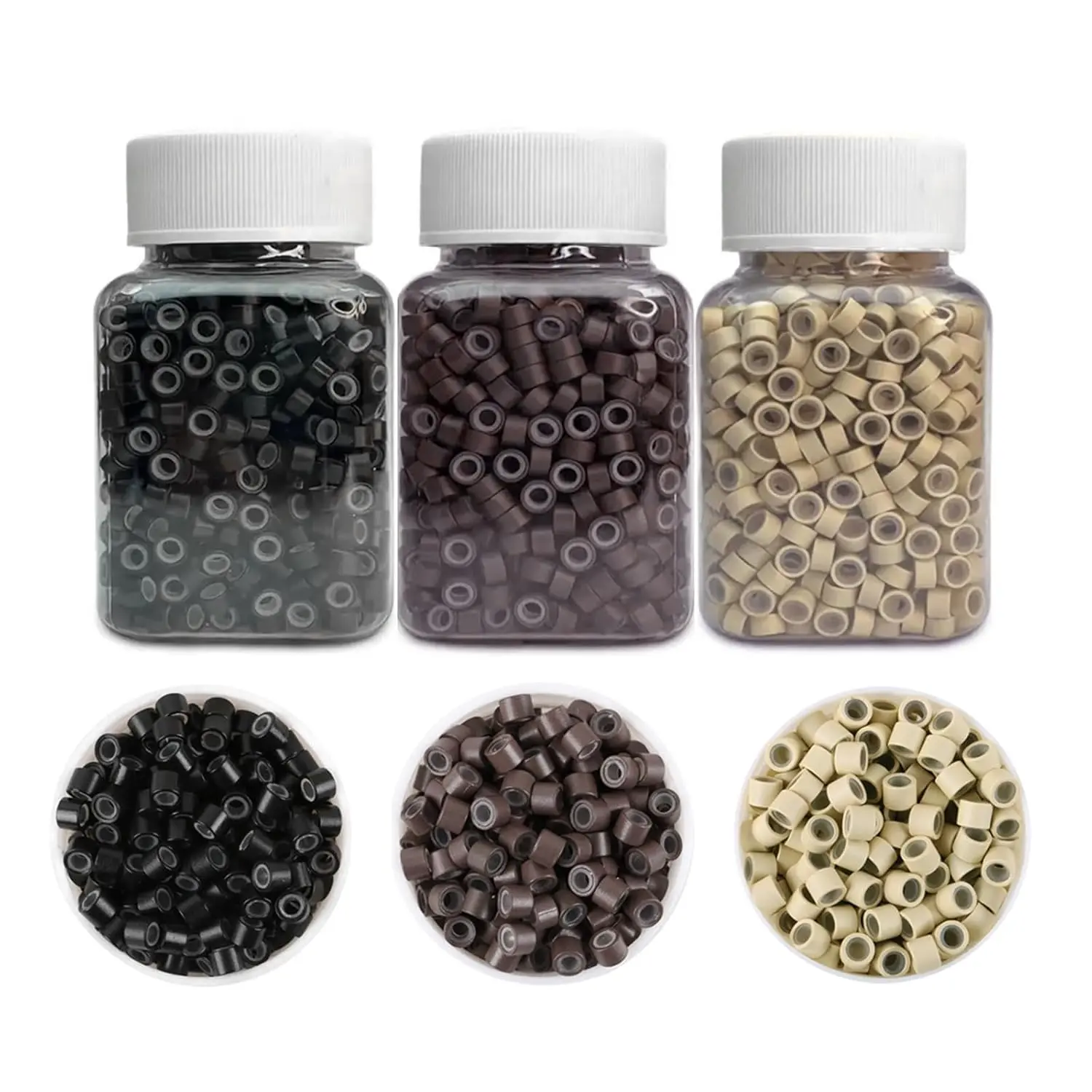 1500 count  Beads for Hair Extensions, 3Colors 5mm  Lined Beads Microlink Rings Hair Extensions Tool (Brown-Black-Blonde)