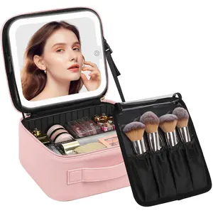 Smart LED Makeup Bag with Mirror - 3 Color Lights Waterproof PU Leather, Detachable Compartments, Travel Compact Case