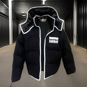 BLACK SUEDE PUFFER COAT WITH WHITE TRIM, WITH ZIPPER HOOD