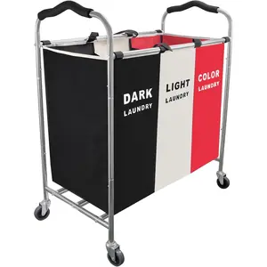 240L Laundry Hamper, Large Blanket Basket Sorter 3 Section Bag Organizer for Dirty Clothes - Toys -,16 X 34 X 35 inch Duty Laundry Cart Baskets (Black and white Red wheel)