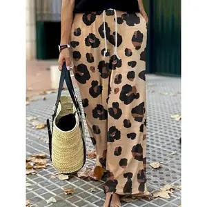 Women's Plus Size Wide-Leg Pants with Leopard Print, Elastic Drawstring Waist, and Pockets - Machine Washable