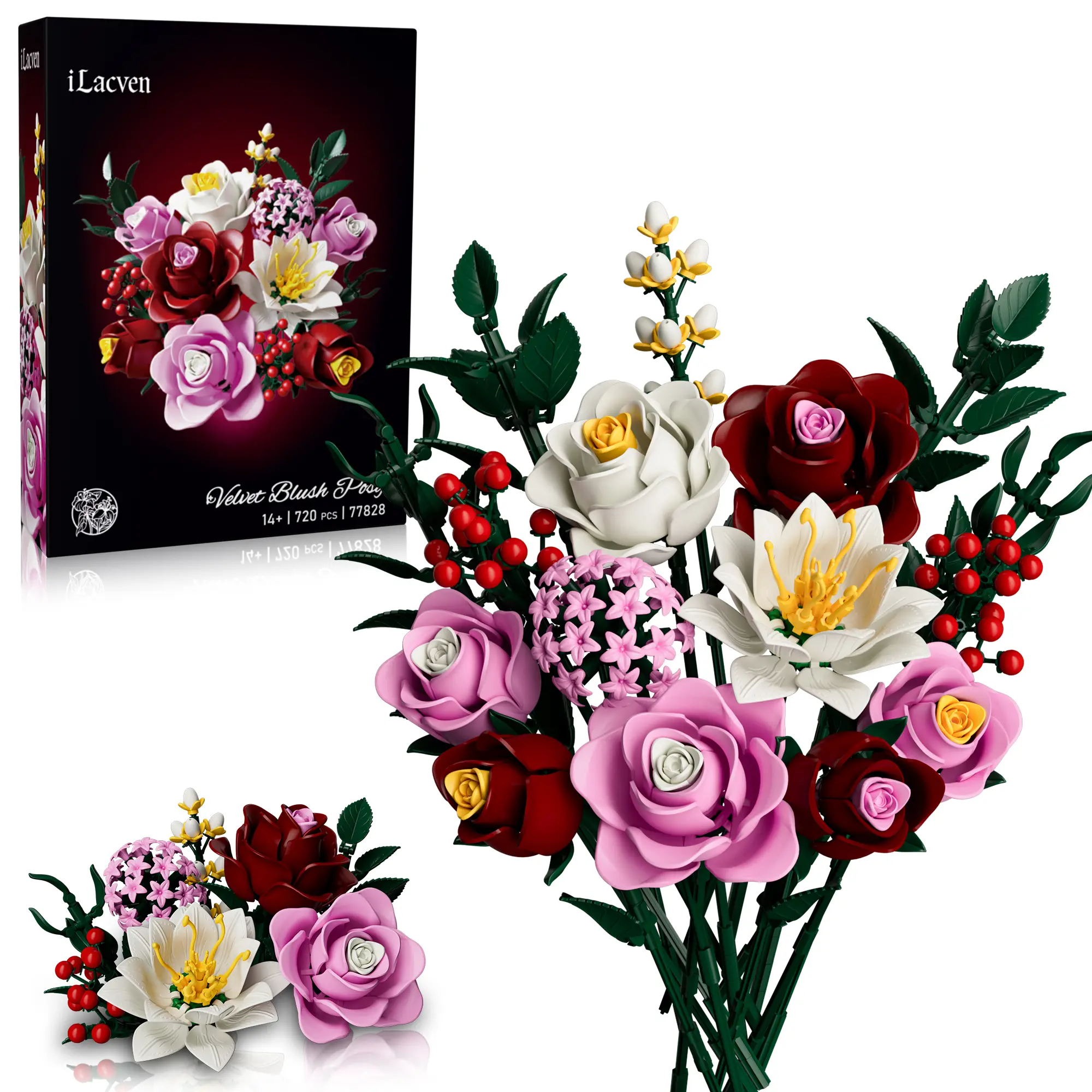 iLacven Red Rose Flower Bouquet Building Blocks Toy - DIY Brick Diorama Kit, High-Quality Durable Material, Adult Model Set, Valentine's Day Gift, Decorative Ornament