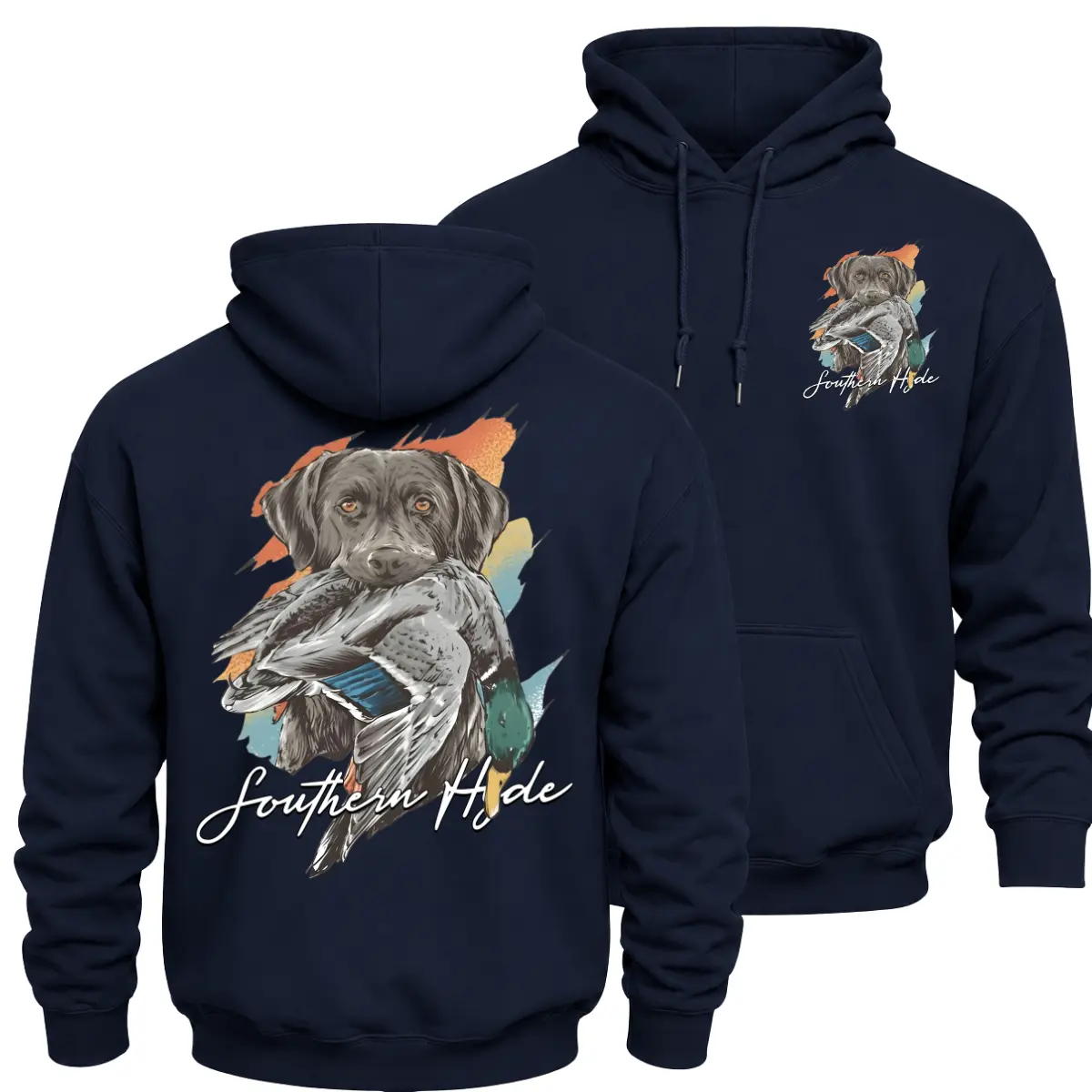 Southern Hide Duck Hunting Hoodie, Black Labrador Retriever Carrying Mallard Ducks Graphic Pullover, Front Chest and Large Back Print Waterfowl Hunter Apparel, Southern Outdoor Hunting Gift for Men and Women