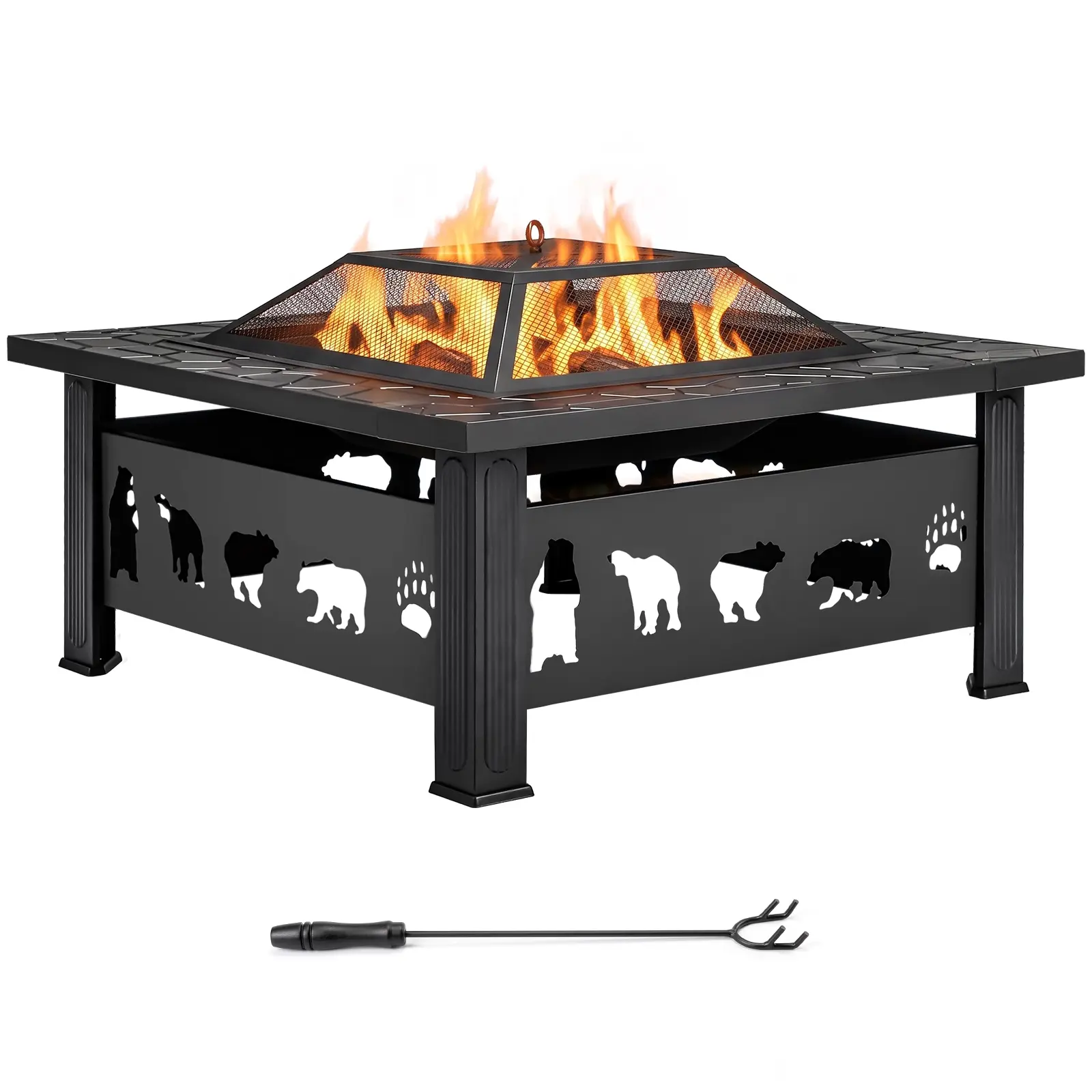 32 Inch Square Outdoor Wood Burning Fire Pit Table, Heavy Duty Wrought Iron Fire Pit with Bear Cutout, Pyramid Spark Screen Lid and Fire Poker, Weather Resistant Fire Table for Backyard, Garden, Lawn, Camping